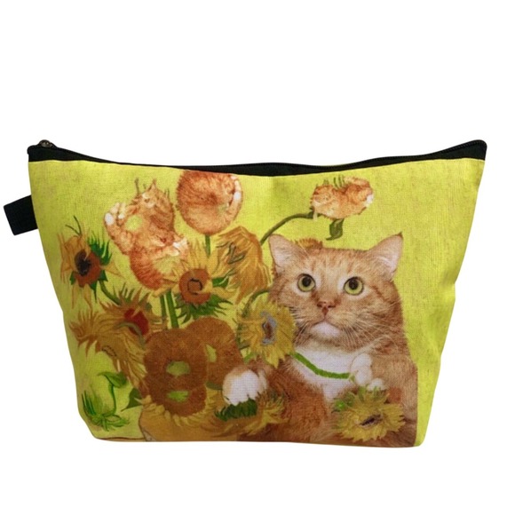 Cat with Sunflowers Cosmetic Bag Makeup Travel Pouch Zipper Yellow New - Picture 1 of 3